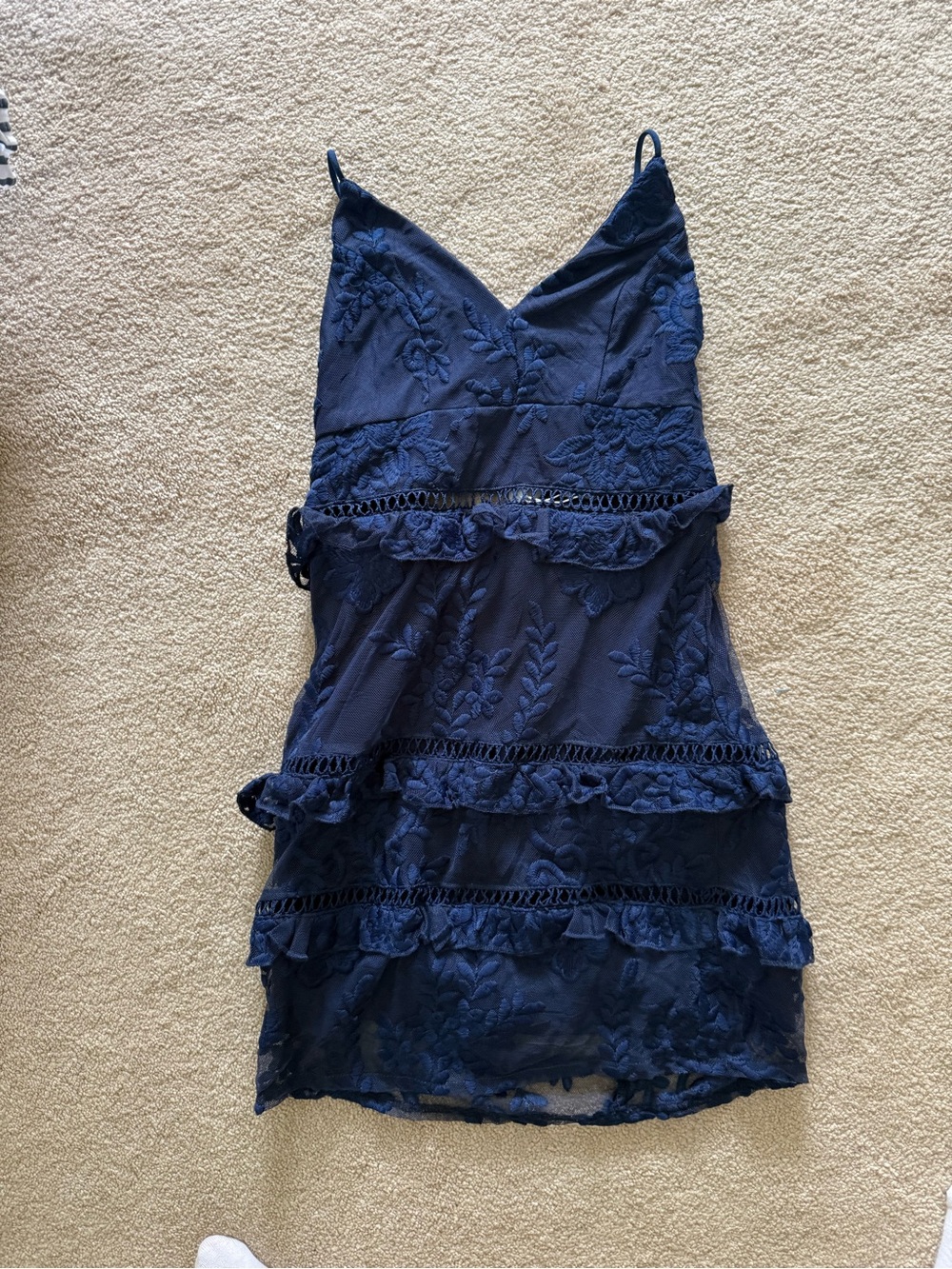 Hello Molly Navy Floral Lace Tiered Spaghetti Strap Dress